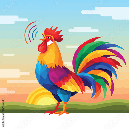 Bild auf Leinwand A colorful rooster stands on a green hill at sunrise