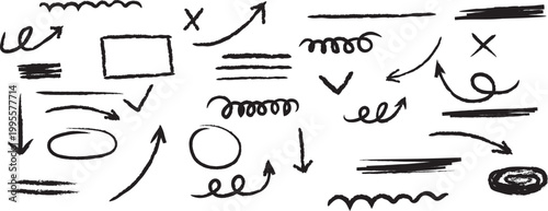 Chalk Scribble Arrow Line Brush Set Crayon Underline Handwritten Check Mark Elements Rough Hand Drawn Marker Sketch Texture Vector Illustration