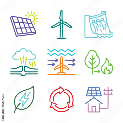 Colorful Renewable Energy Icons Set — Solar Panel, Wind Turbine, Hydropower, Geothermal, Green Tree Outline Vector