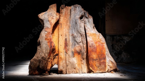 Intricate textures and warm hues of a weathered, ancient wooden stump with deep grain and rough bark