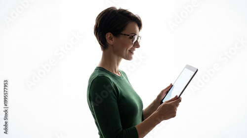Profile view of an elegant business woman with glasses using a digital tablet. High-key silhouette portrait on white background. Concept of digital transformation, online education, professional 