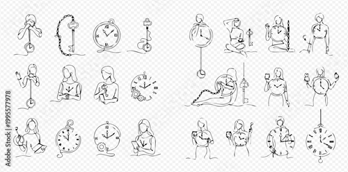 Continuous line drawing of people and clocks, representing time management and daily routines.
