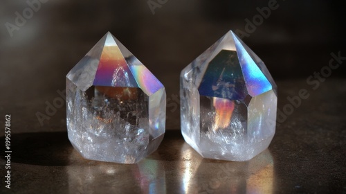 Two sparkling clear quartz crystal points showcasing prismatic rainbow colors in the light