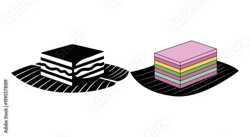 Layered cake and traditional sweet dessert served on a dark banana leaf