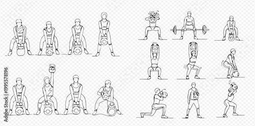 Continuous line drawing of various fitness exercises with weights, including squats, deadlifts, lunges, and kettlebell swings, for workout routines and healthy lifestyle.