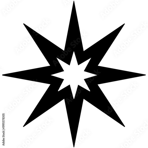 Sharp black multi-point flare star silhouette, capturing the look of a bright light source or cosmic sunburst for digital illustrations.