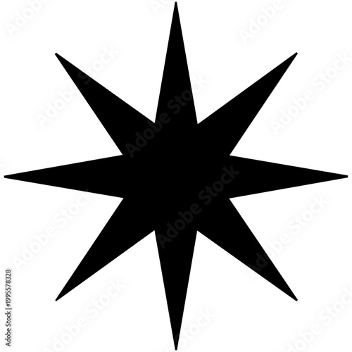Sharp black eight-point burst star silhouette, featuring a bold geometric shape for high-impact graphics, y2k aesthetics, and modern flash icons.