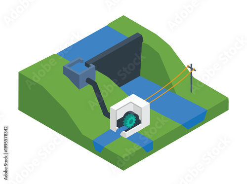 Detailed isometric illustration showcasing a hydroelectric power plant and the efficient generation of sustainable, renewable electricity from natural water flow