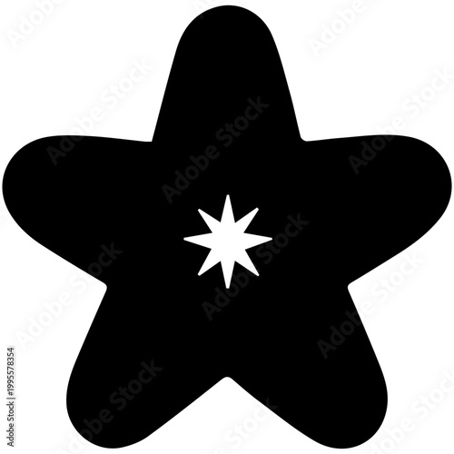Simple black rounded blob star silhouette with a small white sparkle in the center, perfect for modern minimalist graphic designs.