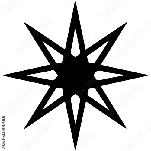 Black eight-point sharp star silhouette with a hollow center, featuring a clean geometric aesthetic for modern cosmic and celestial designs.