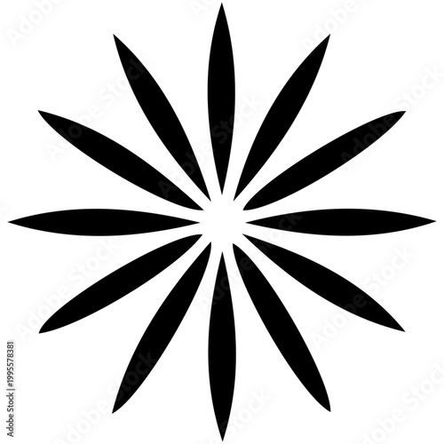 Black radial star silhouette resembling flower petals, offering a minimalist retro aesthetic for decorative patterns and modern y2k style branding.