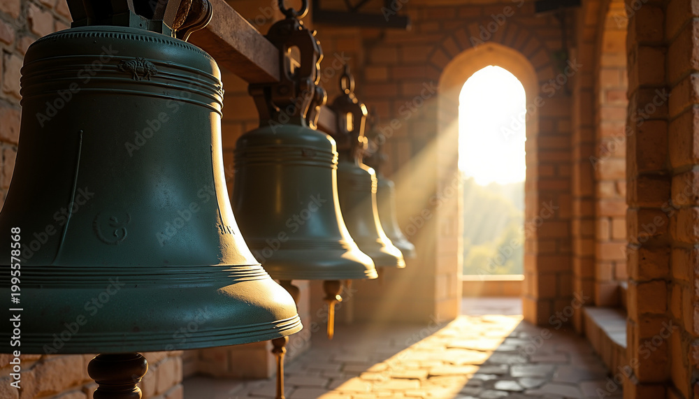 Obraz premium Church bells hanging in sunlight with stone archway in background 