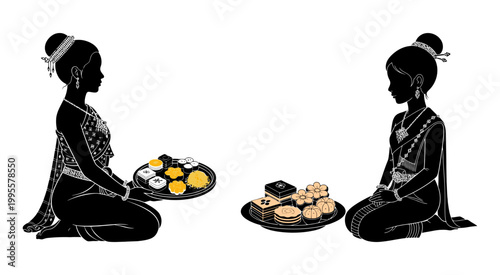 Two Thai women in traditional dress sitting and serving colorful dessert plates