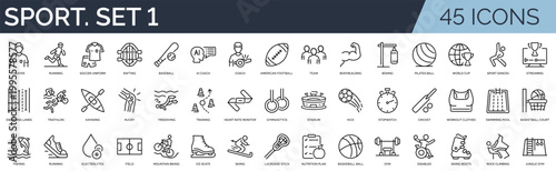 Set of 45 outline icons related to sport. First set. Linear icon collection. Editable stroke. Vector illustration	