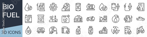 Set of 30 outline icons related to bio fuel. Linear icon collection. Editable stroke. Vector illustration