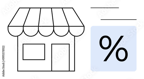 Shopping, retail sales, discounts, commerce, business promotion, consumer deals. Black-and-white store icon with a percentage symbol. Shopping and retail sales visual