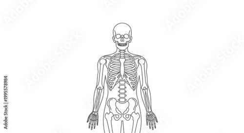 Anatomy of the human body presented as a detailed line drawing of a skeleton with a smiling face, showcasing bones and structure