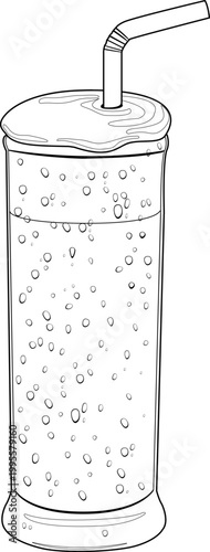 Glass of a cold frappe coffee with a straw. Cold glass of frappe instant coffee freddo espresso cappuccino. Vector black and white coloring page