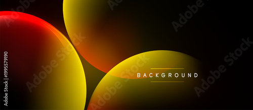 Abstract shapes overlap, creating vibrant color gradients. Dark background emphasizes fluid forms, modern design.