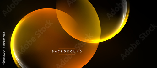 Abstract design features overlapping orange shapes, glowing lines. Dark background enhances visual impact, modern aesthetic. Text reads background.