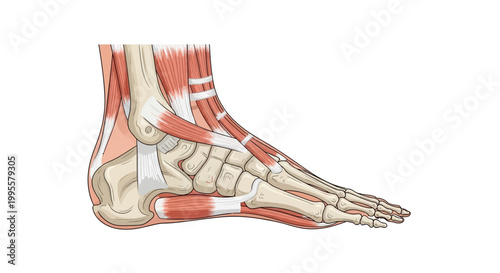 Detailed anatomical illustration of the human foot, revealing the complex network of bones, muscles, and ligaments for medical education and scientific study