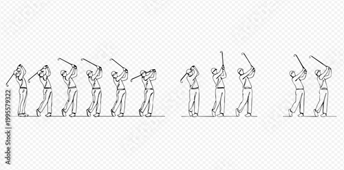 Continuous line drawing of a golfer swinging a golf club, showing different stages of the swing.