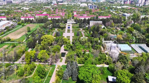 Botanical garden with a view of the city of Almaty. The view from the drone.