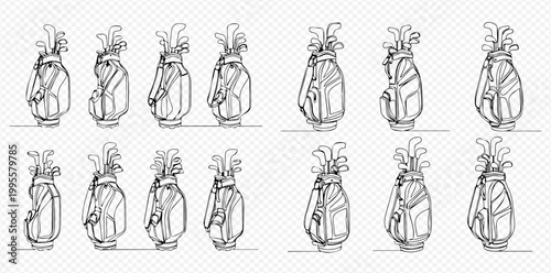 Continuous line drawing of golf bags with clubs, vector illustration set.