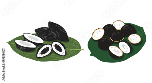 Fresh coconut pieces and slices served on green leaves