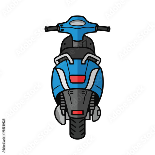 Rear view of a blue and black motor scooter on white background