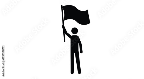 A silhouetted figure triumphantly waves a black flag against a stark white background symbolizing victory