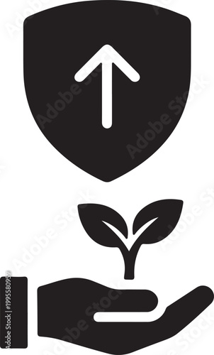 A black pictogram depicting a hand cradling a small plant sprout beneath a shield with an upward arrow, symbolizing protected and sustainable growth.