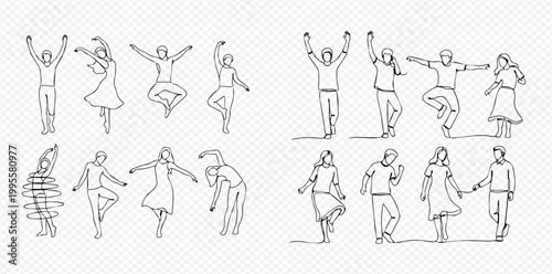 Continuous line drawing of people in various active poses, celebrating and dancing with joy.