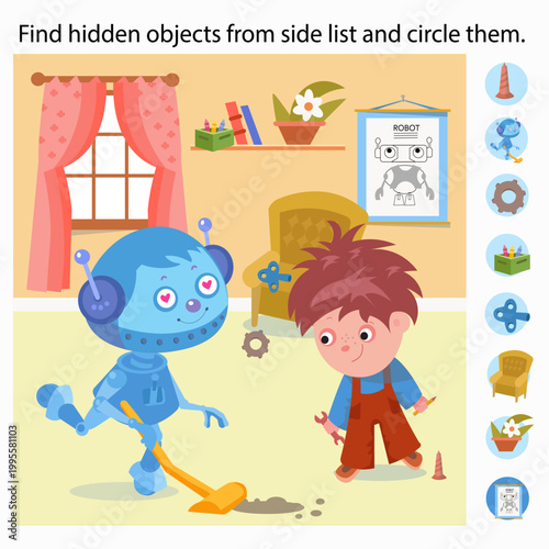 Find hidden objects from side list and circle them robot workshop game. Cute blue android and little boy engineer repair things in room with tools and posters. Educational vector puzzle helps children