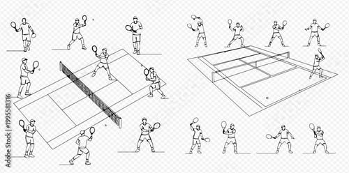 Continuous line drawing of pickleball players and court diagrams, illustrating various game actions and positions.