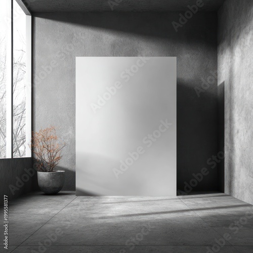 Blank interior gallery featuring a 3d empty white room with a concrete floor and a light stone wall for a blank poster or art frame mockup