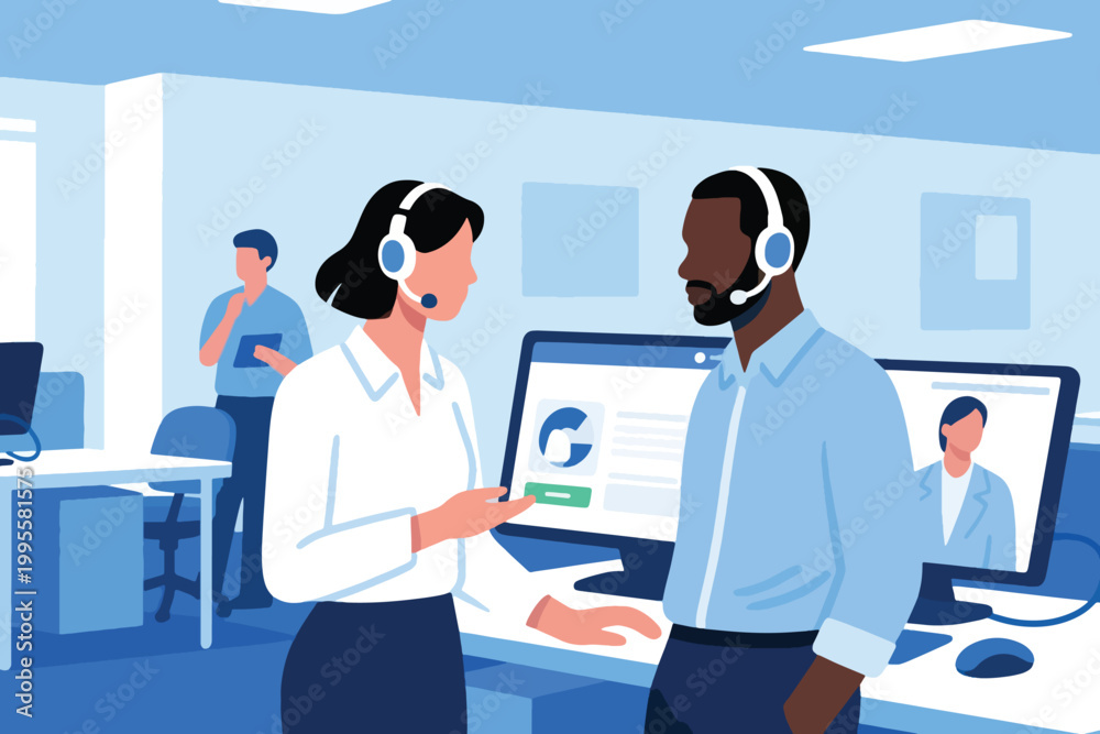 Obraz premium Vector Two Customer Service Workers Talking to Each Other Illustration Creative Design Template 