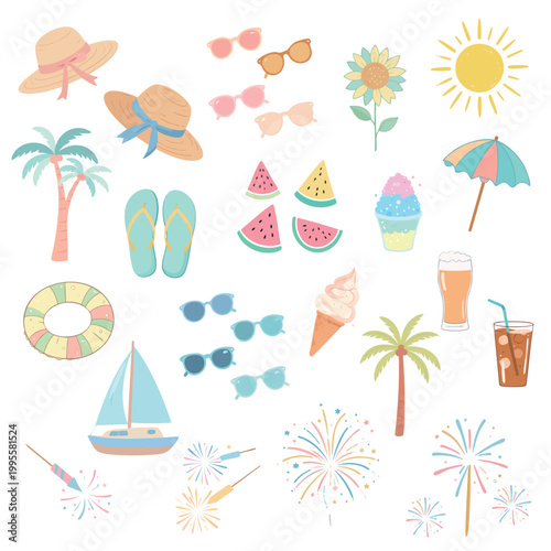 夏のアイコンセット｜スイカ・花火・ヨットなどかわいいフラットイラスト