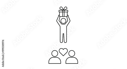 A simple line drawing depicts a person holding a gift above three figures with hearts