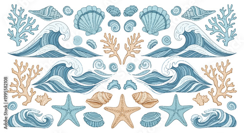 Oceanic scene with waves, coral, starfish, and seashells illustrated in blue and beige