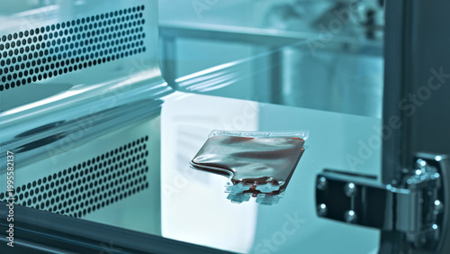 Tableau sur toile A petri dish containing a red liquid is positioned inside a laboratory incubator