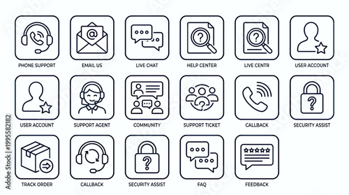 Customer Support Service and Help Center Line Icons Set Minimal Outline Style