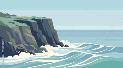 Crashing Ocean Waves on Rocky Cliff for Nature Travel Event Vector