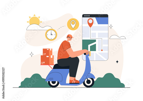 Courier or Delivery Service Illustration Featuring Parcel Shipping, Home Delivery, Tracking Mobile App, Logistics, Fast Service, Modern Flat Design