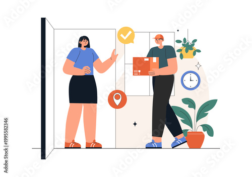Courier or Delivery Service Illustration Featuring Parcel Shipping, Home Delivery, Tracking Mobile App, Logistics, Fast Service, Modern Flat Design