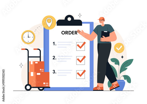 Courier or Delivery Service Illustration Featuring Parcel Shipping, Home Delivery, Tracking Mobile App, Logistics, Fast Service, Modern Flat Design
