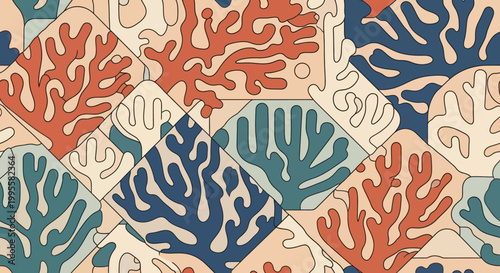 Vibrant coral reef pattern with blue, orange, and green hues on tiles