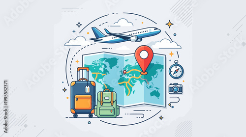 Travel and Tourism Concept with Map Airplane and Luggage Vector