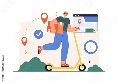 Courier or Delivery Service Illustration Featuring Parcel Shipping, Home Delivery, Tracking Mobile App, Logistics, Fast Service, Modern Flat Design