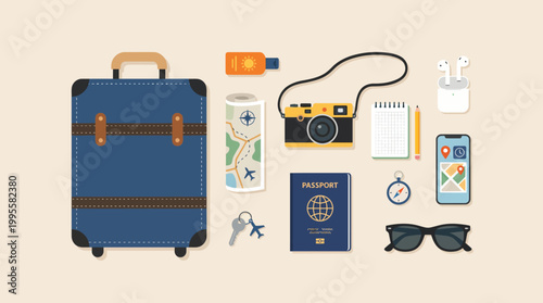 Top View Flat Lay Vector of Travel Essentials with Blue Suitcase and Camera